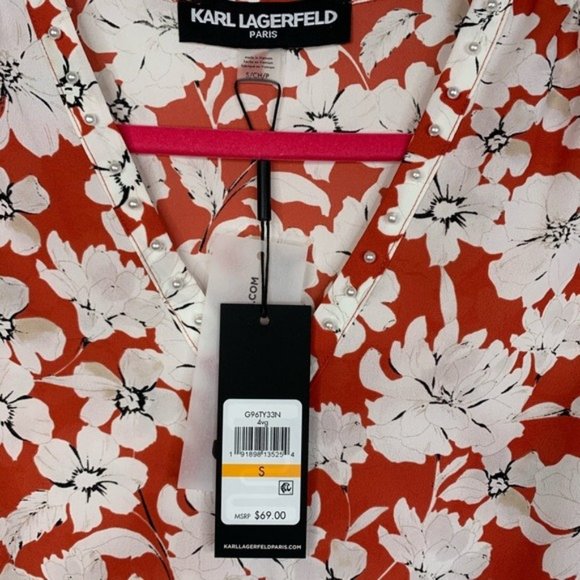 Karl Lagerfeld Floral Print Pearl V-neck Top SizeS - Picture 5 of 7